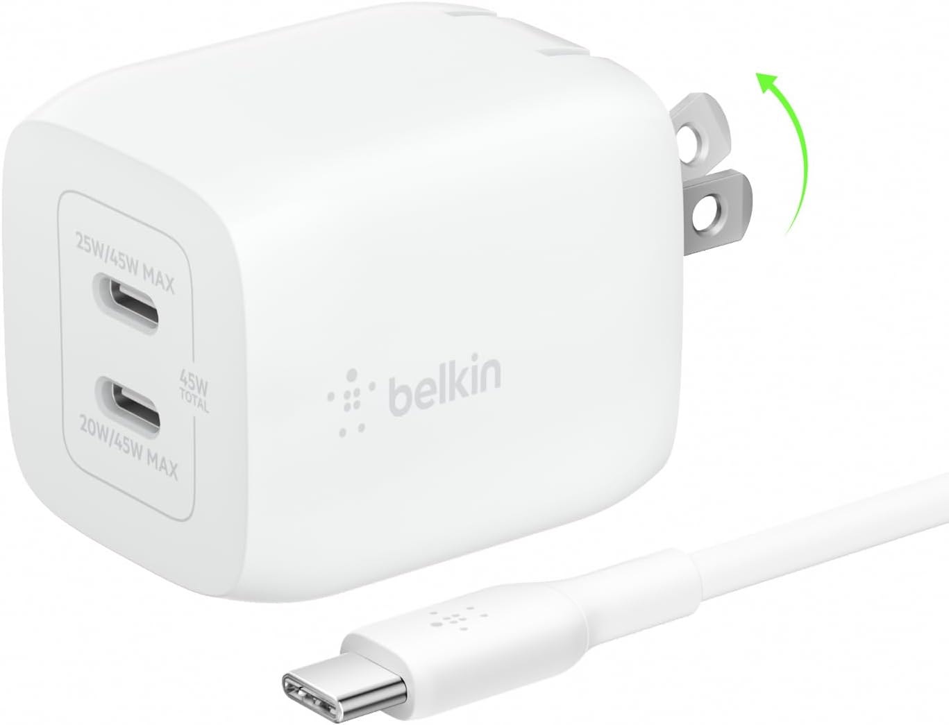 Belkin Dual Port Charger Block 45W - C to C Cable Inlcuded - GaN PD3.0 Super Fast Charging - Samsung Galaxy S25, MacBook, iPhone 17, iPad, AirPods, Google Pixel 10, Nintendo Switch 2 & More - White