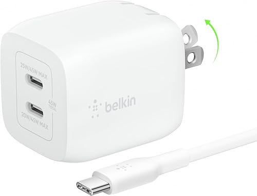 Belkin BoostCharge Pro - Cargador de pared dual USB-C GaN de 45 W, cargador multipuerto con 2 puertos USB-C PD 3.0 de carga rápida para MacBook,