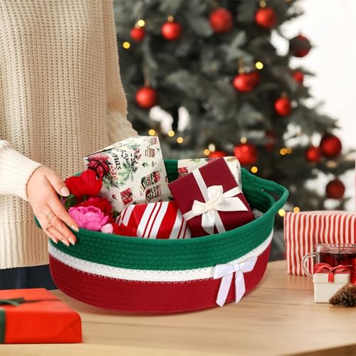 Image of Colingmill 1 Set Woven Basket for Gift Empty with Cellophane Wrap Set 14 x 10 x 5.5 Inch, Medium Decorative Gift Basket Empty to Fill, Cotton Rope Storage Box Decor (Red Green)
