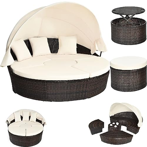 COSTWAY Tumbona Isla de Ratán Jardin, Toldo Plegable, Cama Isla Exterior con Mesa Ajustable de Altura, Protección UV, 3 Cojines Impermeables Extraíbles (Blanco)
