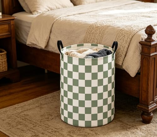 Image of Baby Laundry Hamper Basket Baby Hamper for Nursery Boy and Girl Cute Storage Bin Organizer Boho Room Decor(Green Checkered)