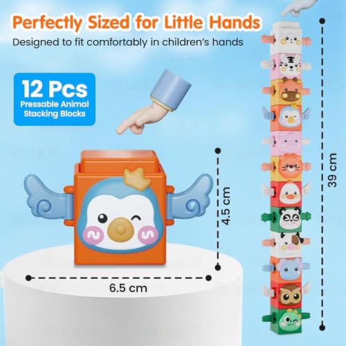 Image of Kidology 12 PCS Animal Stacking Cubes Set | Pressable Montessori Learning Blocks for Toddlers 1+ Years | Sensory Stacking Toys for 1 2 3 4 Year Old Boys & Girls | Travel Friendly Preschool Gift