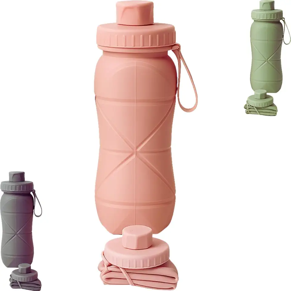 Garrafa de Água Dobrável em Silicone 600ml Retrátil | Squeeze Portátil Esporte Academia (Rosa)