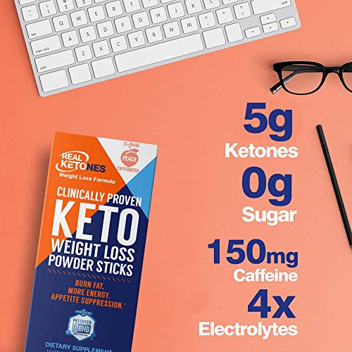 Real Ketones Shift Exogenous Keto D Bhb + Caffeine + Electrolytes, Peach Drink Mix Powder, 30 Packets, For Rapid Ketosis #TOP1