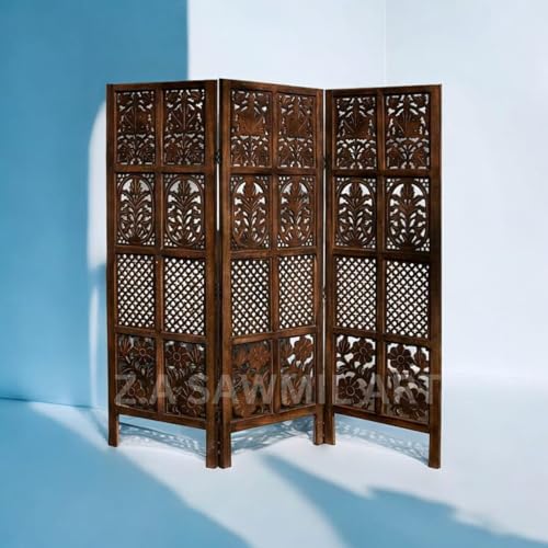Image of Wooden Partition for Living Room, Privacy Divider, Wooden Room Separator, Divider for Office, Partition for Puja Room, (Mix Frame Design - Brown) (5 Feet - 3 Panels)