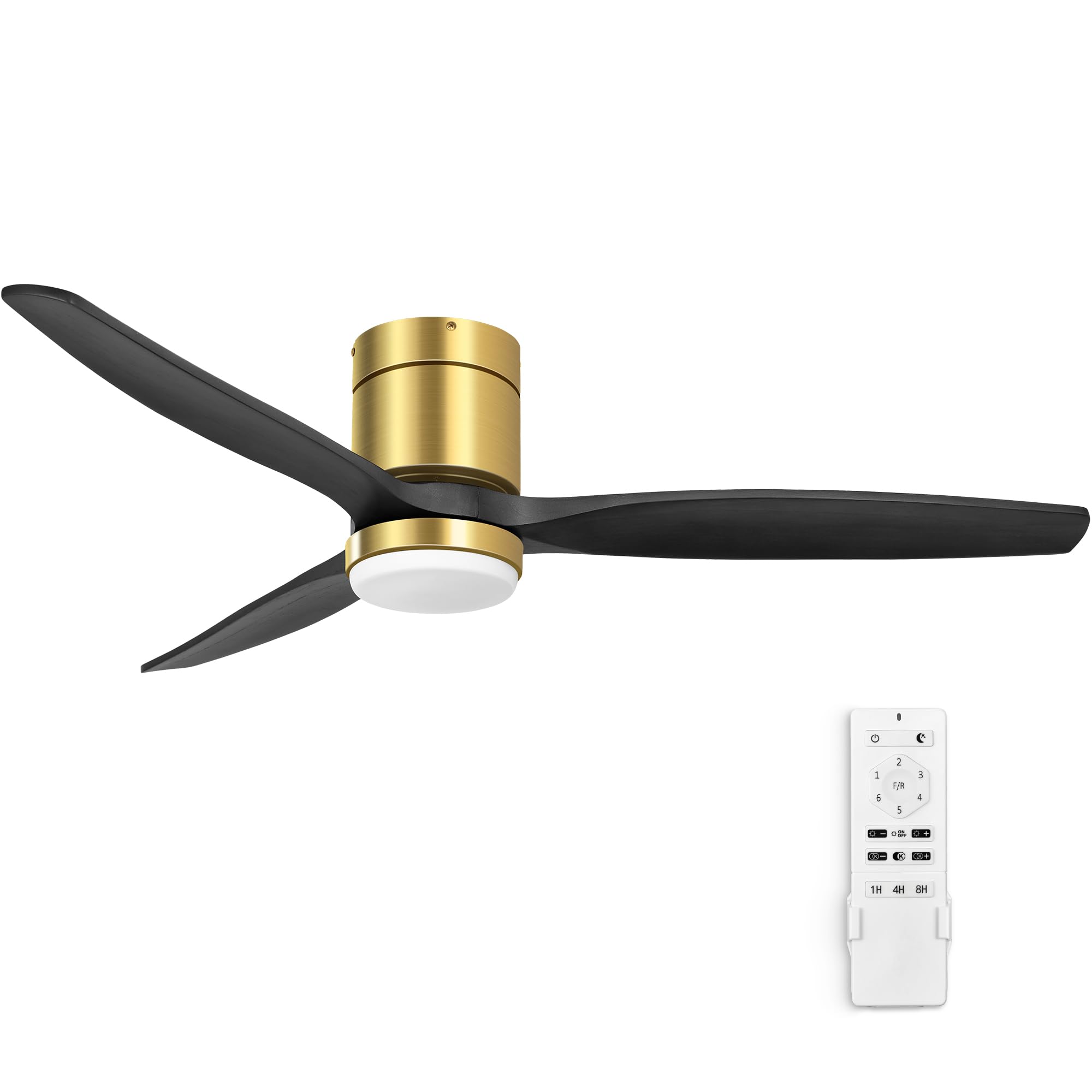 YITAHOME 52 Inch Low Profile Ceiling Fan with Light, 3 Wood Fan Blade, Flush Mount Fan with Remote Dimmable Reversible Quiet DC Motor, Memory Function, for Bedroom, Outdoor, Indoor, Black Gold