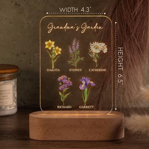 Gifts for Mom, Grandma, Custom Engraved Night Light with Kids' Names, Text & Birthflowers for Mother - Custom Grandma's Garden Gifts, Mothers Day Gifts from Daughter, Son, 7 Flowers - Image 6