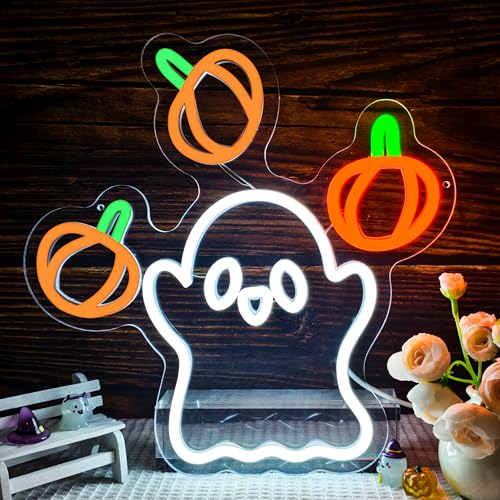 Image of Ghost Neon Sign Halloween Neon Sign with Animated Pumpkin Throwing Effect Lighted Display,Dimmable Pumpkin LED Neon Light halloween Door Porch Wall Decor