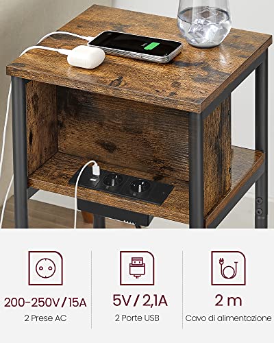 VASAGLE Tavolini con Multipresa, Comodini con 2 Prese AC e 2 Porte USB, 30 x 34 x 58 cm, per Soggiorno, Camera da Letto, Marrone Vintage e Nero LET375B01 - Immagine 3