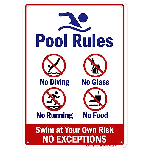 Panneau Pool Rules Swim at Your Own Risk en aluminium antirouille 25x35 cm
