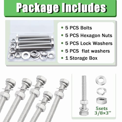 Image of 5 Sets 5 /16-18 x 3 inch Stainless Steel Hex Head Screws Bolts, Nuts, Flat & Lock Washers,18-8(304) Full Thread