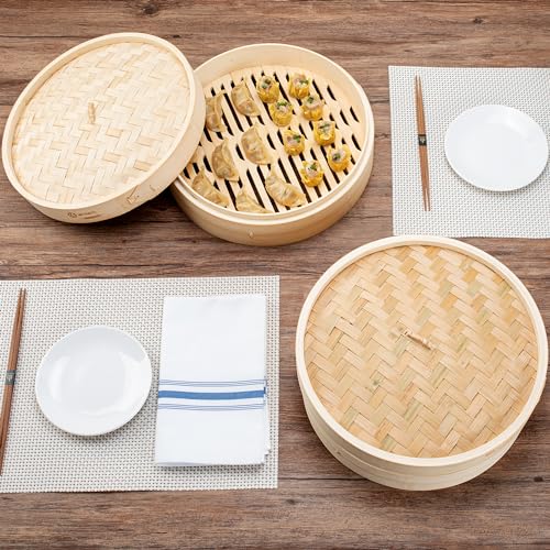 Motomori 12 Inch Bamboo Steamer Set, 10 Reusable Dumpling Steamers - Includes 1 Lid And 1 Tier, Durable, Bamboo Asian Steamer Baskets, For Steaming Vegetables, Meats, And More - Restaurantware by Restaurantware - Image 7