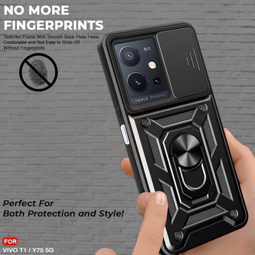 Image of Armor Bumper Back Cover Case for Vivo T1 5G / Y75 5G / iQOO Z6 5G | Rotating Camera Cover, Ring Holder & Kickstand | Heavy Duty & 360 Degree Protection Back Cover (Black)