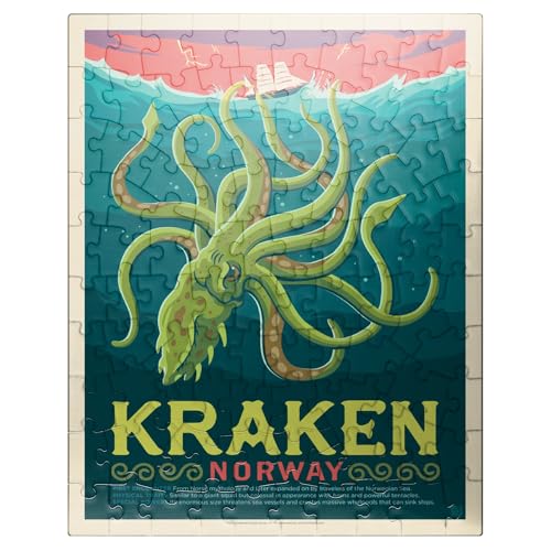 MyPuzzle Mythical Creatures: Kraken (Norway), Vintage Poster - Premium 100 Piece Jigsaw Puzzle for Adults