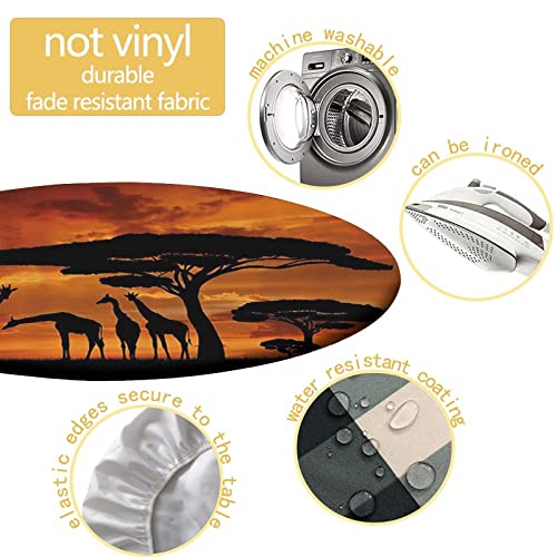 Songyi African Elastic Round Table Cloth, Waterproof Wipeable Tablecloth With Elastic Edge, Sunrise With Giraffe Pattern, Restaurant Kitchen Table Cover, Fits Tables 28''-32'', Burnt Orange And Black #TOP2