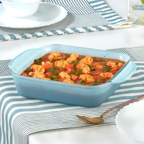 Image of Borosil 800 ml Baking & Serving Dish with Handle | Borosilicate Glass Square Shape Bakeware and Serveware Casserole Dish Tray | Microwave, Oven & Dishwasher Safe Bowl (Blue)