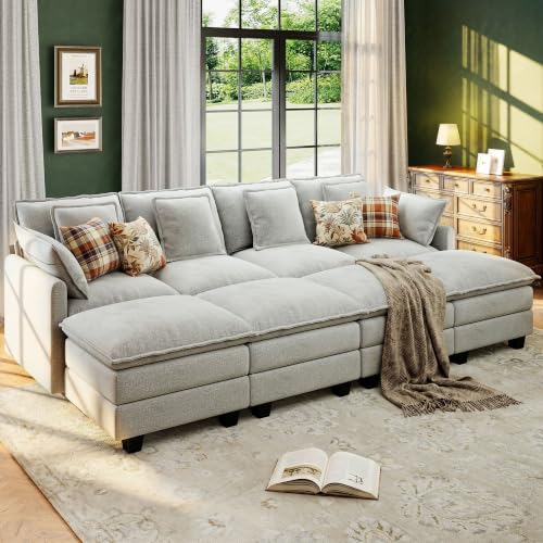 Image of 107 inch Cloud Couch Sectional Modular Sofa, Deep Seat Couches with Ottoman and Removable Washable Pillows for Living Room, Bedroom, Apartment, Light Grey