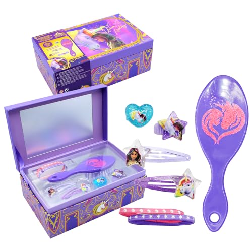 Joy Toy - Boîte à Bijoux avec Accessoires - Unicorn Academy - 2 Pinces à Cheveux, 1 Anneau, 1 Porte-Tresses, 1 Bracelet, 1 Brosse à Cheveux