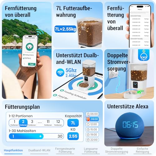 Frienhund 5G WiFi Futterautomat Katze mit APP: 7L Futterspender Katze mit Langsamer Vorschub, WLAN Katzenfutter Automat Kompatibel mit Alexa, Abnehmbare Konstruktion für Einfache Reinigung