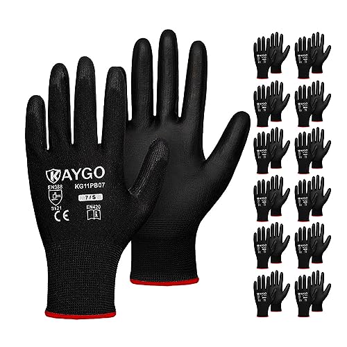 Image of KAYGO Safety Work Gloves for Men Women, PU Coated Palm & Fingers, KG11P | Smooth Grip, Breathable & Lightweight, 13-Gauge Seamless Knit, for Light Warehouse, Manufacturing, Gardening