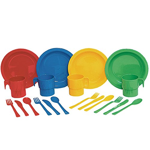 Constructive Playthings 20 pc. Indestructible Play Dishes Service for 4 Includes Place Settings of Cups, 6 1/2 diam. Plates and Silverware Each in 4 Colors for Ages 19 Months and Up, Model Number: ASC-796 Constructive Playthings 20 pc. Indestructible Play Dishes Service for 4 Includes Place Settings of Cups, 6 1/2" diam. Plates and Silverware Each in 4 Colors for Ages 19 Months and Up, Model Number: ASC-796