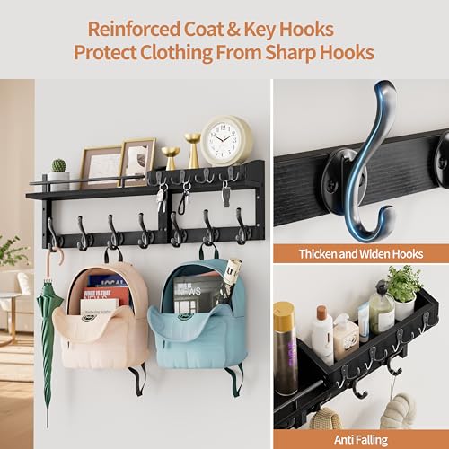 Image of 29 inch Coat Rack Wall Mount with Shelf, Heavy Duty Coat Hooks Wall Mount, Entryway Coat Hanger Wall Shelf with Key Holders and Mail Organizer for Living Room, Bedroom, Bathroom, Black
