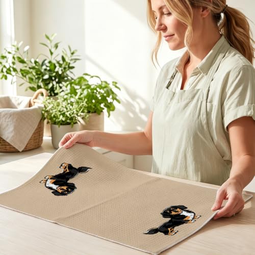 Image of 4 Pcs Dachshund Kitchen Towels, Dachshund Gifts Reusable Dish Towels | Waffle Weave Absorbent Hand Cloth Tea Towel for Kitchen Bathroom Decor, Cute Weiner Dog Gifts for Women Mom Friend 24x14 Inch