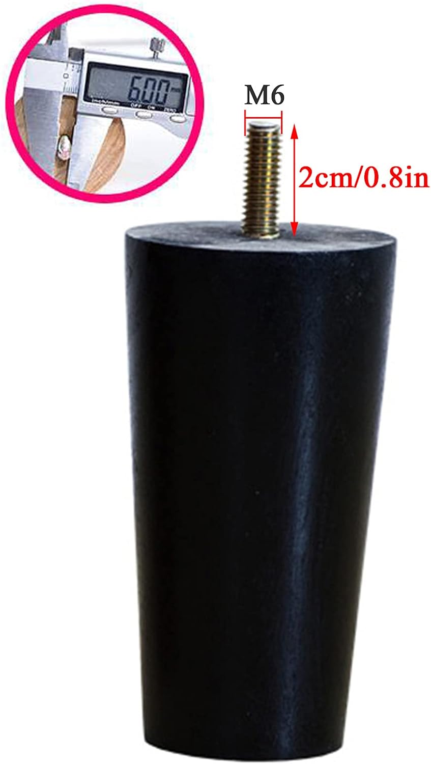 M6 Thread Wood Table Legs,Solid Wood conical Support Foot,Furniture feet Furniture Legs,for Sofa/Bed/Cabinet Replacement feet,Black,4 Pieces,15cm/5.9in