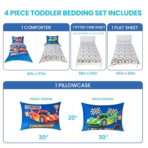 Image of Todays Kids 4-Piece Race Cars Toddler Bedding Set for Boys - Toddler Bed Sheets and Comforter Set with Reversible Comforter & Pillowcase, Flat Sheet, Fitted Sheet, Breathable & Super Soft Microfiber