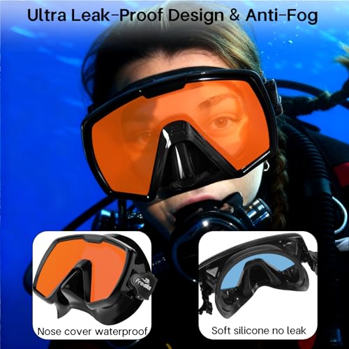 Image of Freela Adult Snorkel Diving Mask with Nose Cover, Tempered Glass Anti Fog Waterproof 180 Panoramic Wide View Scuba Free Diving Goggles for Men Women