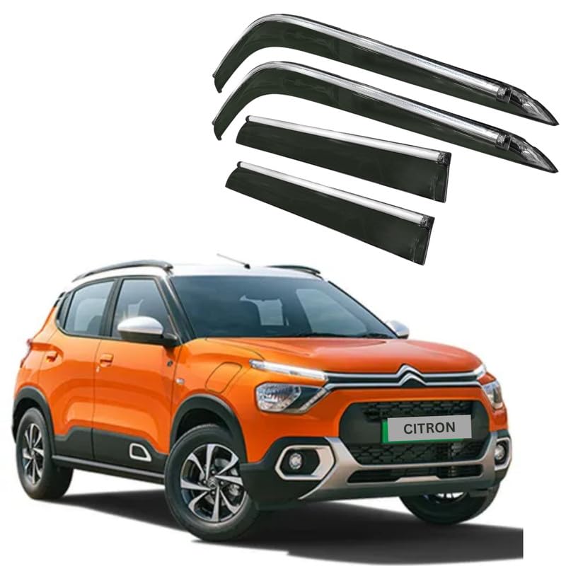 Image of CAR SAAZ Side Door Visors for Citroen C3 (2022-present)(Set of 4Pcs)|Chrome Lined Rain Guards, Polycarbonate, Smoke Finish
