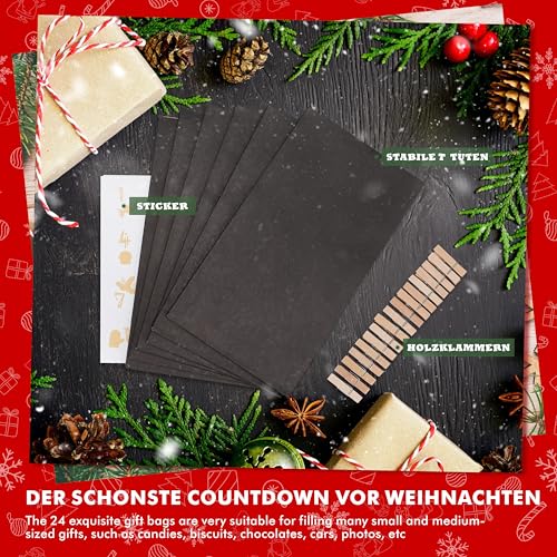 Adventskalender zum Befüllen - Adventskalender 2025 - mit 24 schwarzen Geschenktüten und 24 Zahlenaufklebern und Klammern - zum Basteln und Verschenken - Weihnachten