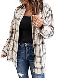 Fisoew Damen Langarm Karierte Blusen Flanell Button Down Jacken Casual Langarmshirts Beige L ...