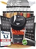 LAEVU Gewürzgläser Set Eckig | 24 Stk. 120ml - 10,7 x 4,5 cm | Gewürzstreuer Schwarz mit 350 Gewürzetiketten, 48 Streueinsätze und noch mehr | 24