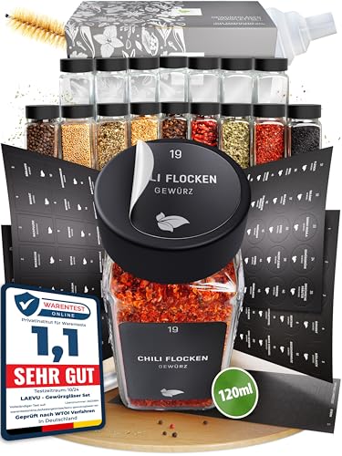 LAEVU Gewürzgläser Set Eckig | 24 Stk. 120ml - 10,7 x 4,5 cm | Gewürzstreuer Schwarz mit 350 Gewürzetiketten, 48 Streueinsätze und noch mehr | 24 LAEVU Gewürzgläser Set Eckig | 24 Stk. 120ml - 10,7 x 4,5 cm | Gewürzstreuer Schwarz mit 350 Gewürzetiketten, 48 Streueinsätze und noch mehr | 24