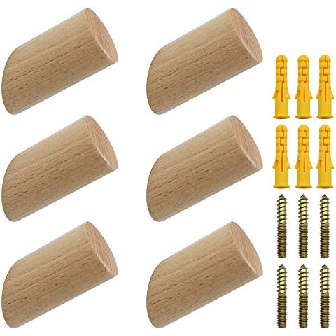 NewZC 6 Stück Holz Kleiderhaken Natürliche Holz Wandhaken 3x6cm Buche Haken 45° Haken Aufhänger Cover