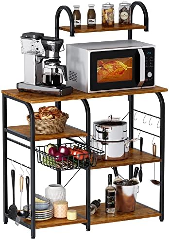 Mr IRONSTONE Bakers Rack Microwave Stand Kitchen Cart 35.5" Microwave Cart 3-Tier+4-Tier Kitchen Shelves for Spice Rack Organizer Coffee Station with 10 Hooks, Easy to Assemble (Vintage)