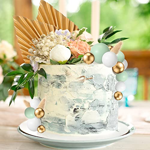 53 Pcs Boho Cake Topper Foam Balls Cake Toppers Mini Balloon Cake Toppers Palm Leaves Artificial Dried Flower Cake Toppers For Baby Shower Birthday Wedding Cake Decoration (Green,White,Gold) #TOP2