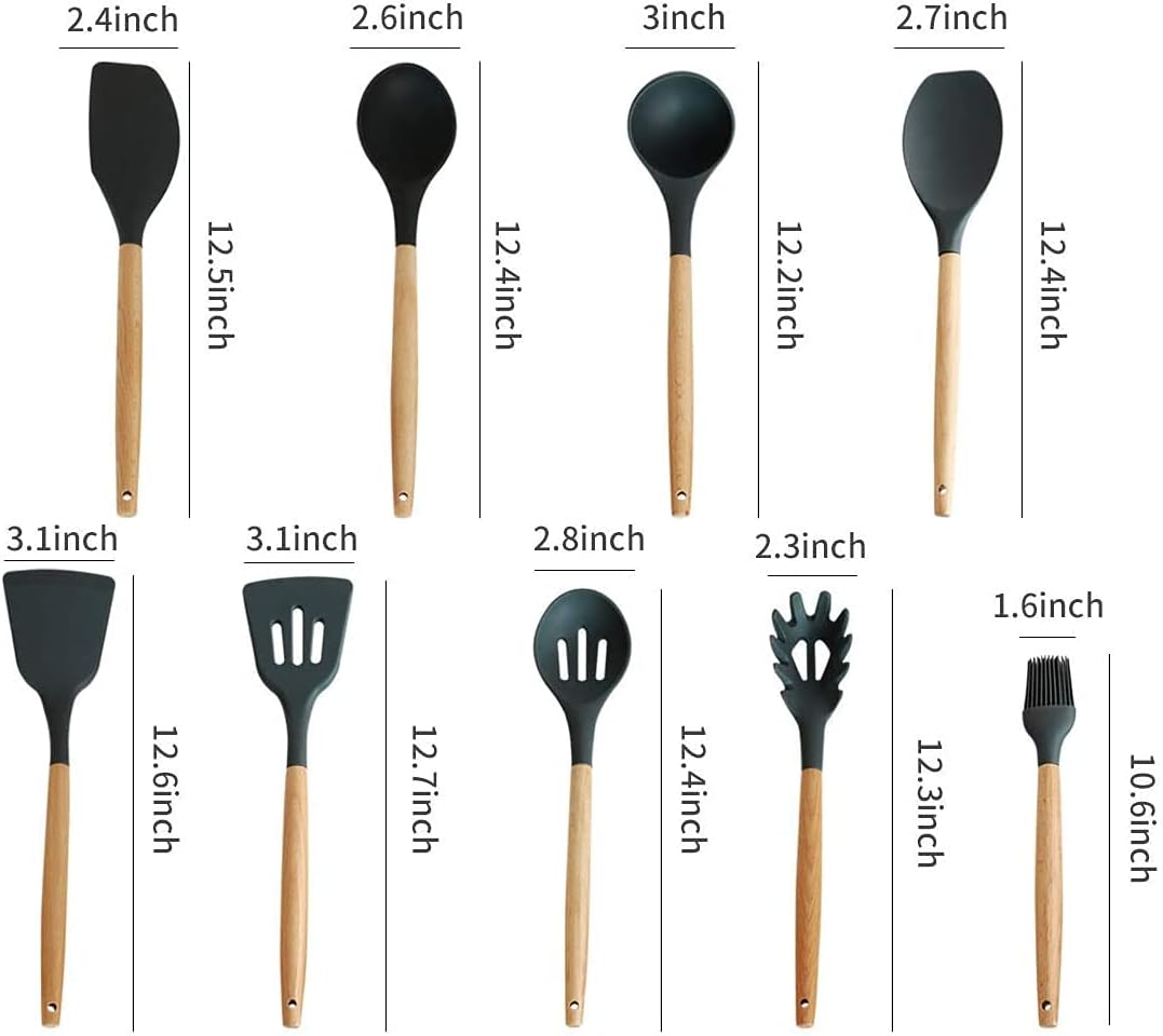 ONMIER Kitchen Cooking Utensils Set, 9 pcs Non-stick Silicone Cooking Kitchen Utensils Spoon Spatula Set,BPA Free Wooden Handle Silicone Kitchen Gadgets Utensil Set (Grey)