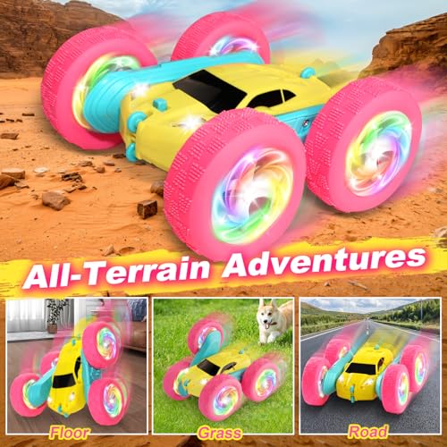 Image of Remote Control Car, RC Cars for Girls, Double-Sided 4WD Stunt Car with RGB Lights & 360 Flips, USB-C Modular Batteries, Toys for Ages 5-7, Birthday Gift for 6+ Year Old Girl, Yellow-Pink