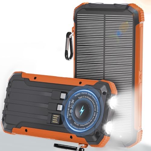 Solar Charger Power Bank 20000mAh, Wireless Fast Charging Battery Pack with 3 Built-in Cables & USB-C Input, Dual LED Flashlights, Portable Phone Charger for Camping, Travel & Emergency Use (Orange)