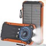 Luvknit Solar Charger Power Bank 20000mAh, Wireless Fast Charging Battery Pack with 3 Built-in Cables & USB-C Input, Dual LED Flashlights, Portable Phone Charger for Camping, Travel & Emergency Use