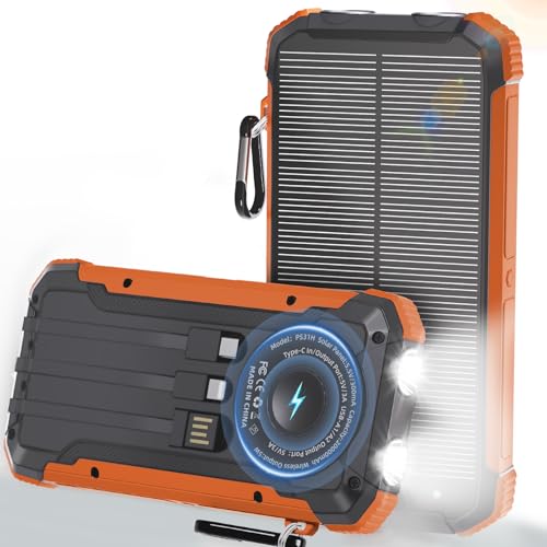 Image of Solar Charger Power Bank 20000mAh, Wireless Fast Charging Battery Pack with 3 Built-in Cables & USB-C Input, Dual LED Flashlights, Portable Phone Charger for Camping, Travel & Emergency Use