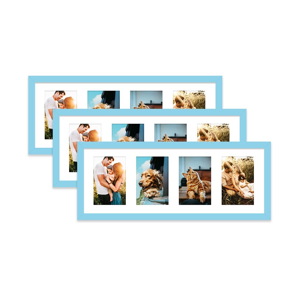 Light Blue Multi Photo Frame - Holds 4 x 6x4 Pictures, Family Collage Picture Frame for Wall Display, 8x22 Panoramic Frame Size, Set of 3