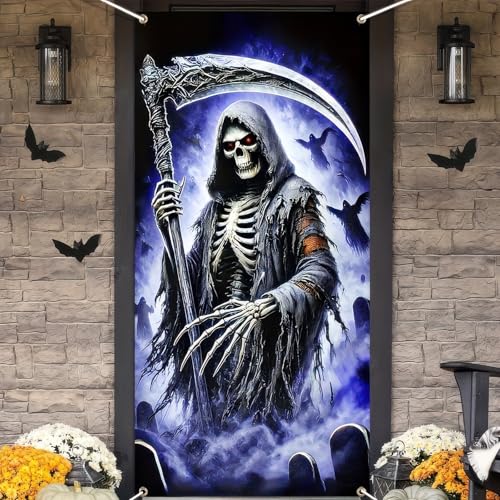 Image of BlissYard Halloween Grim Reaper Door Cover 70x35 Inch Polyester | Entry Banner, Wall Backdrop | Grim Reaper Door Decor, Indoor Party Scene | Porch, Hallway, Photo Area (Night Art)