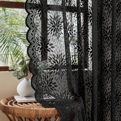 Image of MIULEE Black Floral Lace Curtains 2 Panels, Black 52 inch W x 72 inch L