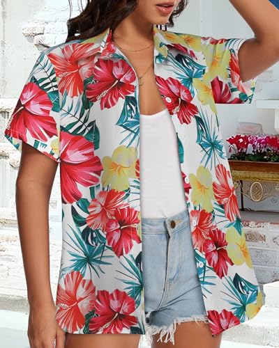 Image of Women Hawaiian Shirt Button Down Summer Tops Beach Short Sleeve Blouse