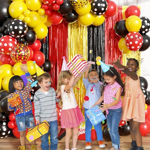 Image of Red Yellow Black Balloon Garland Arch Kit Birthday Party Decorations, Cartoon Themed Foil Fringe Curtains Backdrop Tinsel Streamer Photo Booth Props for Christmas New Years Party Decor Supplies