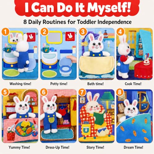 Image of Busy Book for Toddlers 1-3, Toddler Travel Toy and Montessori Quiet Book with Attached Bunny, 12 Fine Motor Activities Gifts for 1 Year Old Boys Girls Birthday Gift
