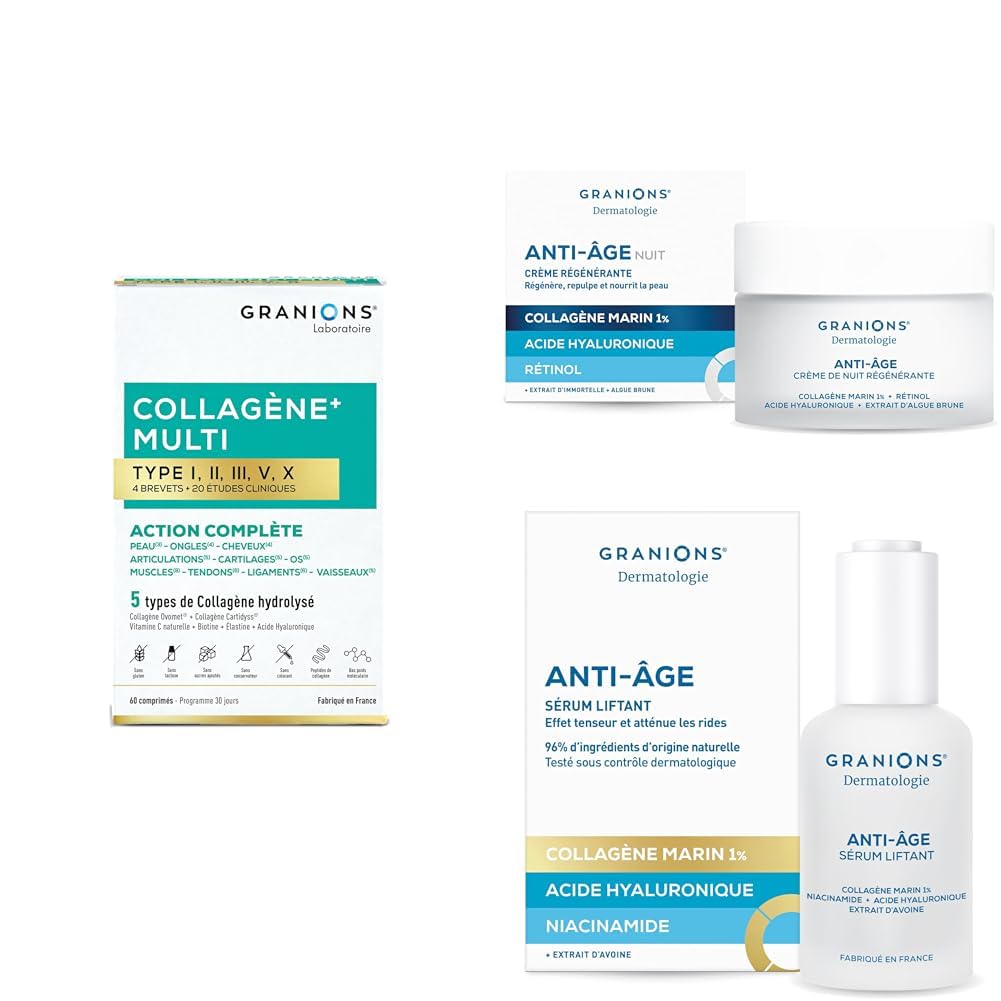 GRANIONS - MULTI COLLAGENE COMPRIMÉS CITRON + CREME DE NUIT 50 mL + SERUM 30 mL - Collagene marin - Acide Hyaluronique - Collagene et Acide Hyaluronique - Vitamine C -Skincare Anti Age - Anti ride -